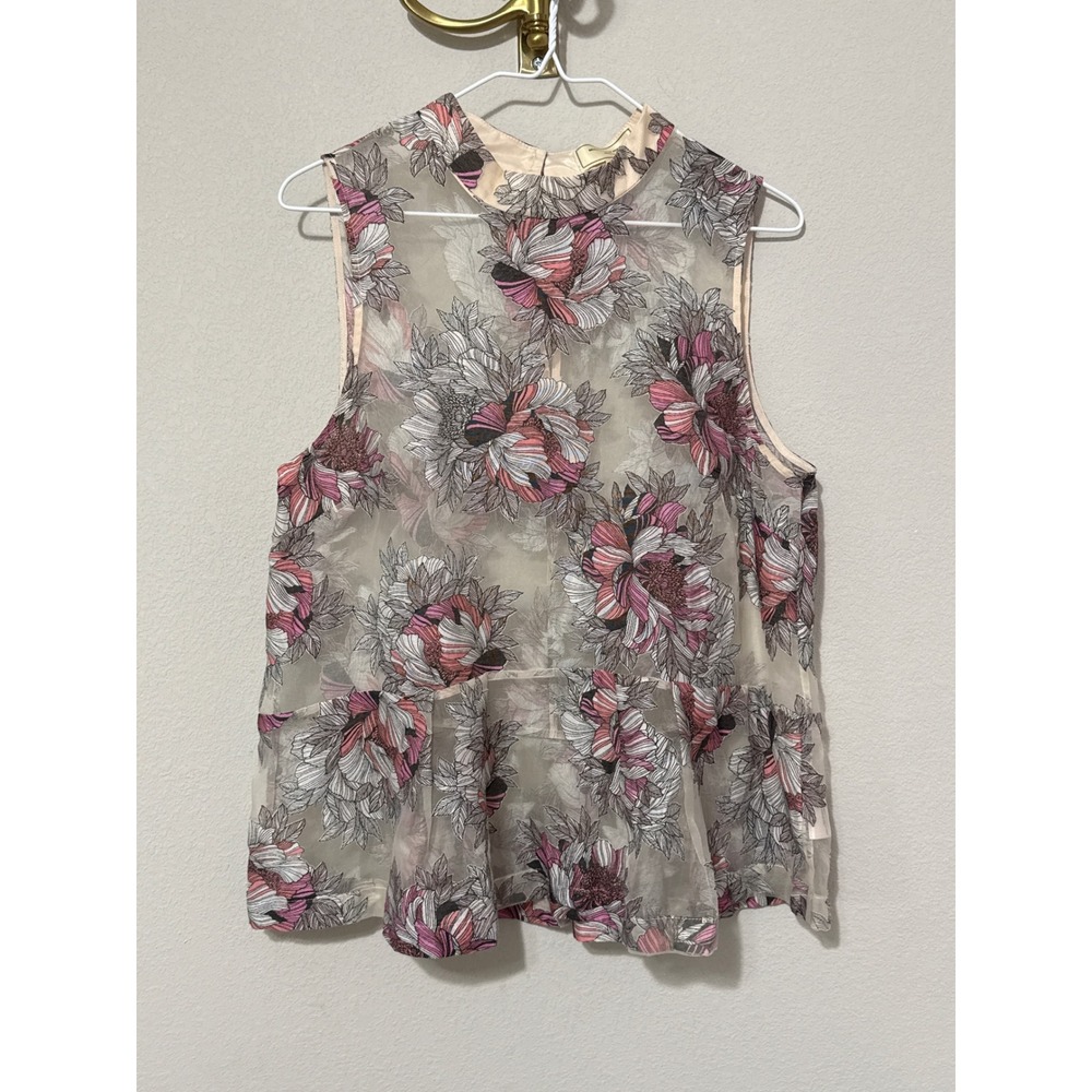 Moulinette Soeurs Floral Peplum Blouse Women 10 Pink Sheer Embroidered Mock Neck